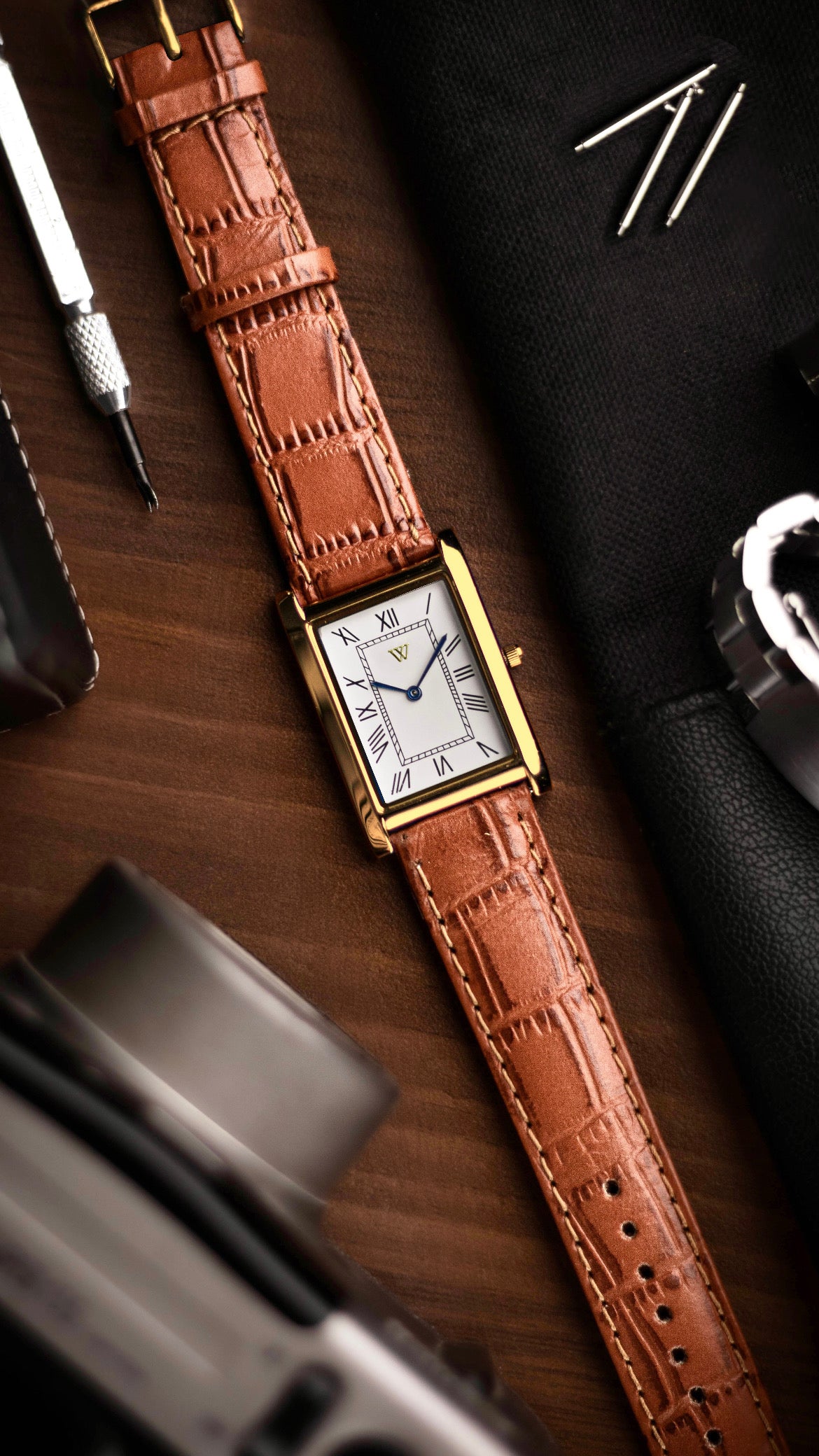 The S23 - WHITE (Golden Case) - Slim Tank Style Watch - by Watchtopia