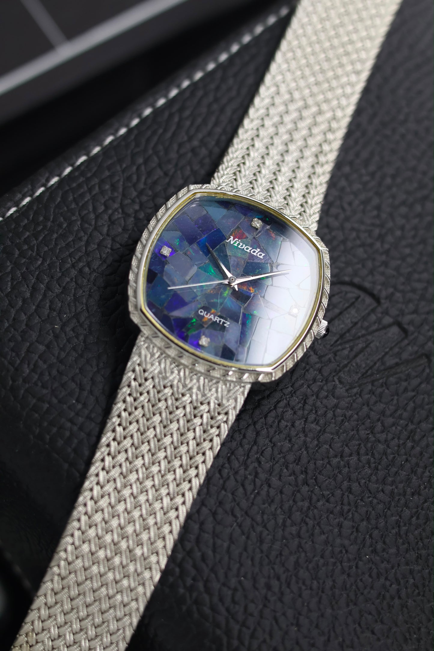 (Extremely Rare) Nivada Grenchen Blue Mosaic Opal TV Dial with PALLADIUM Plated Case & Integrated Woven Milanese Bracelet - Swiss Vintage Watch (Pre Owned) - SE801