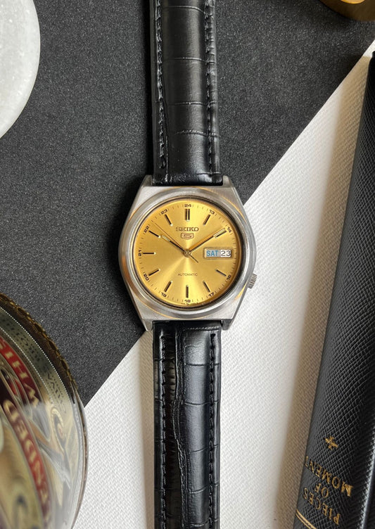 Seiko 5 Gold Dial with Black Leather Strap (Pre Owned)