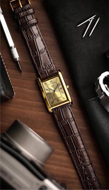 The S23 - GOLD Dial (Golden Case) - Slim Tank Style Watch - by Watchtopia