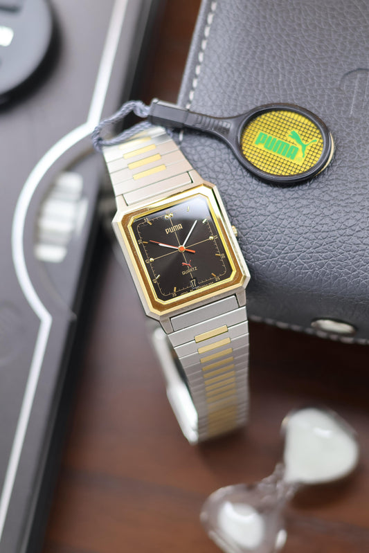 (JDM - Extremely Rare) Limited Edition ORIENT X PUMA Slim Tank Style Two Tone Black Sunray Dial - Quartz Vintage Watch (Pre Owned) - A272
