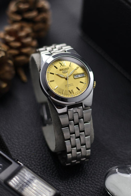(Super Rare) Seiko 5 Gold Sunray Dial with Glass Back - Automatic Vintage Watch (Pre Owned) - SE570