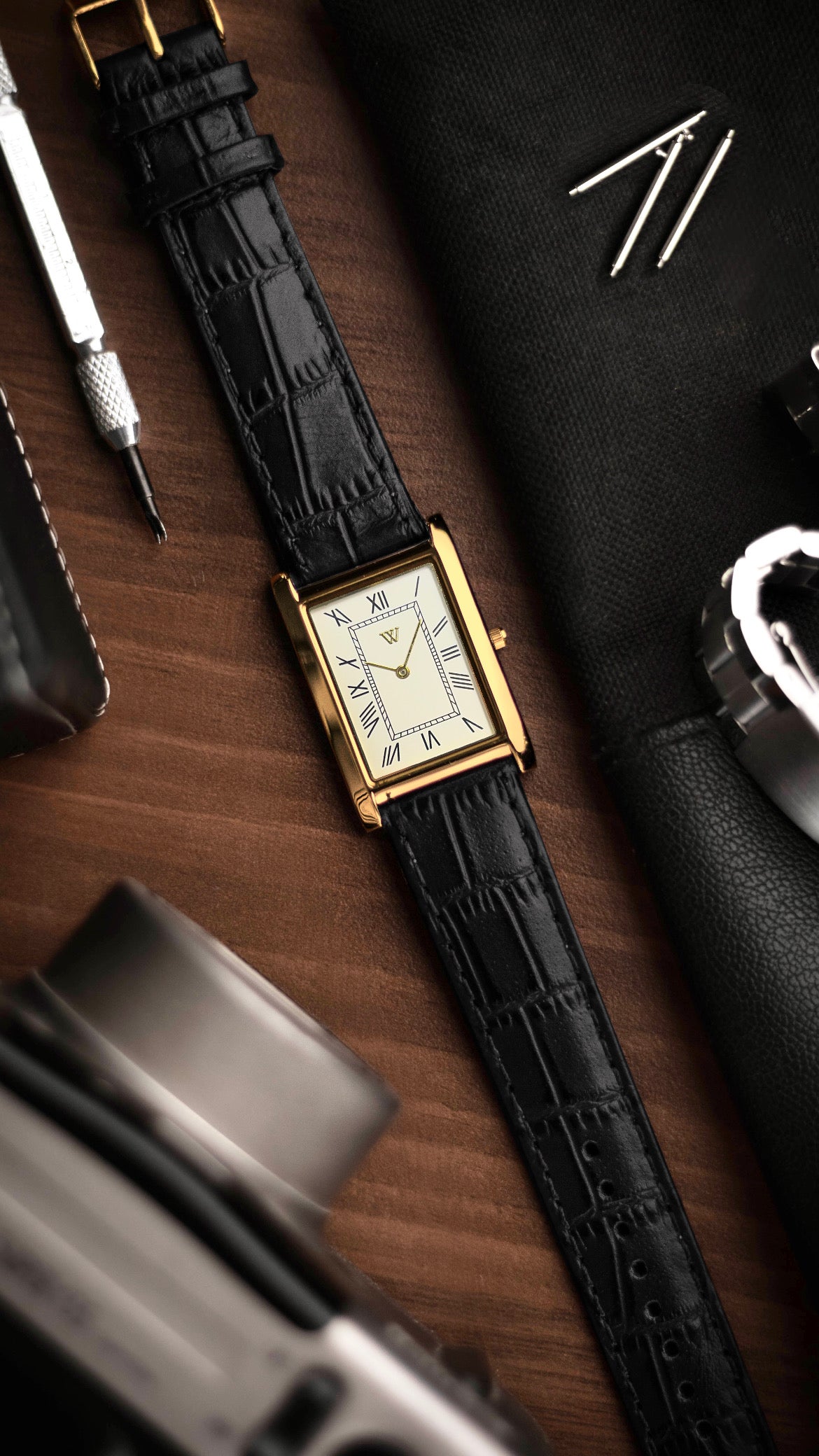 The S23 - WHITE (Golden Case) - Slim Tank Style Watch - by Watchtopia