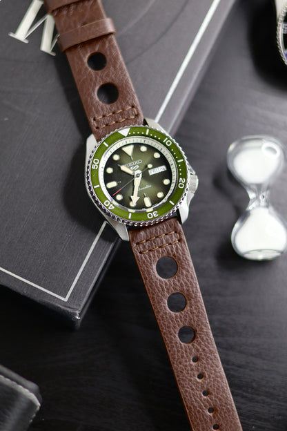 PREMIUM RALLY Style Perforated Genuine Leather Watch Strap (22mm) - with FREE Strap Tool!