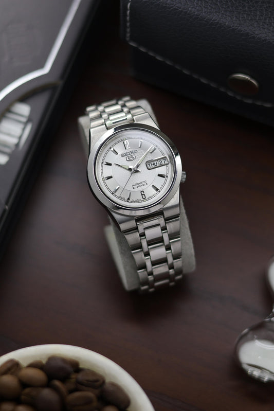 (Super Rare) Seiko 5 Silver Guilloche Dial with Glass Back - Automatic Vintage Watch (Pre Owned) - A153