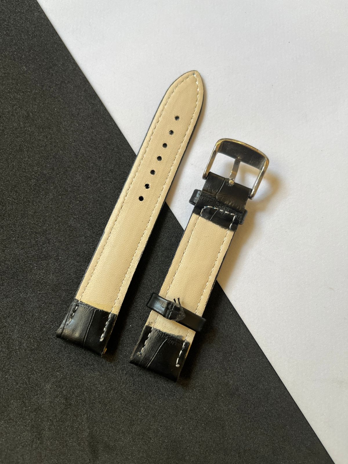 White-Stitch Black Croc Leather Strap (18mm)