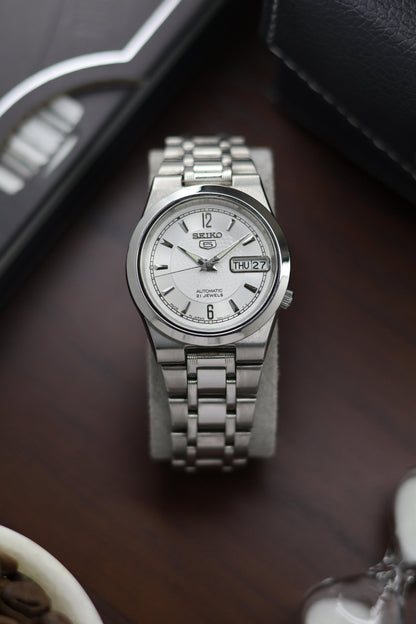 (Super Rare) Seiko 5 Silver Guilloche Dial with Glass Back - Automatic Vintage Watch (Pre Owned) - A153