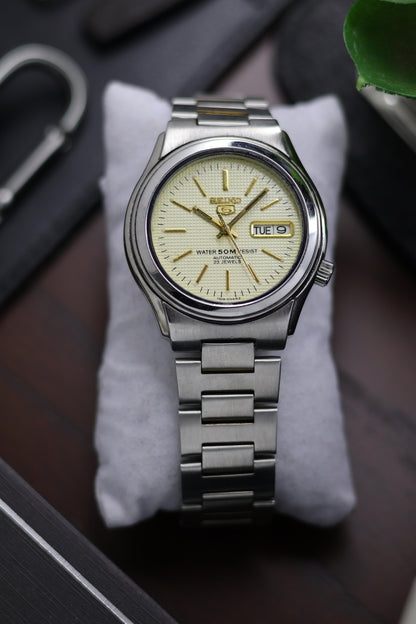 (Super Rare) Seiko 5 Champagne Guilloche Dial with Glass Back- Automatic Watch (Pre Owned)