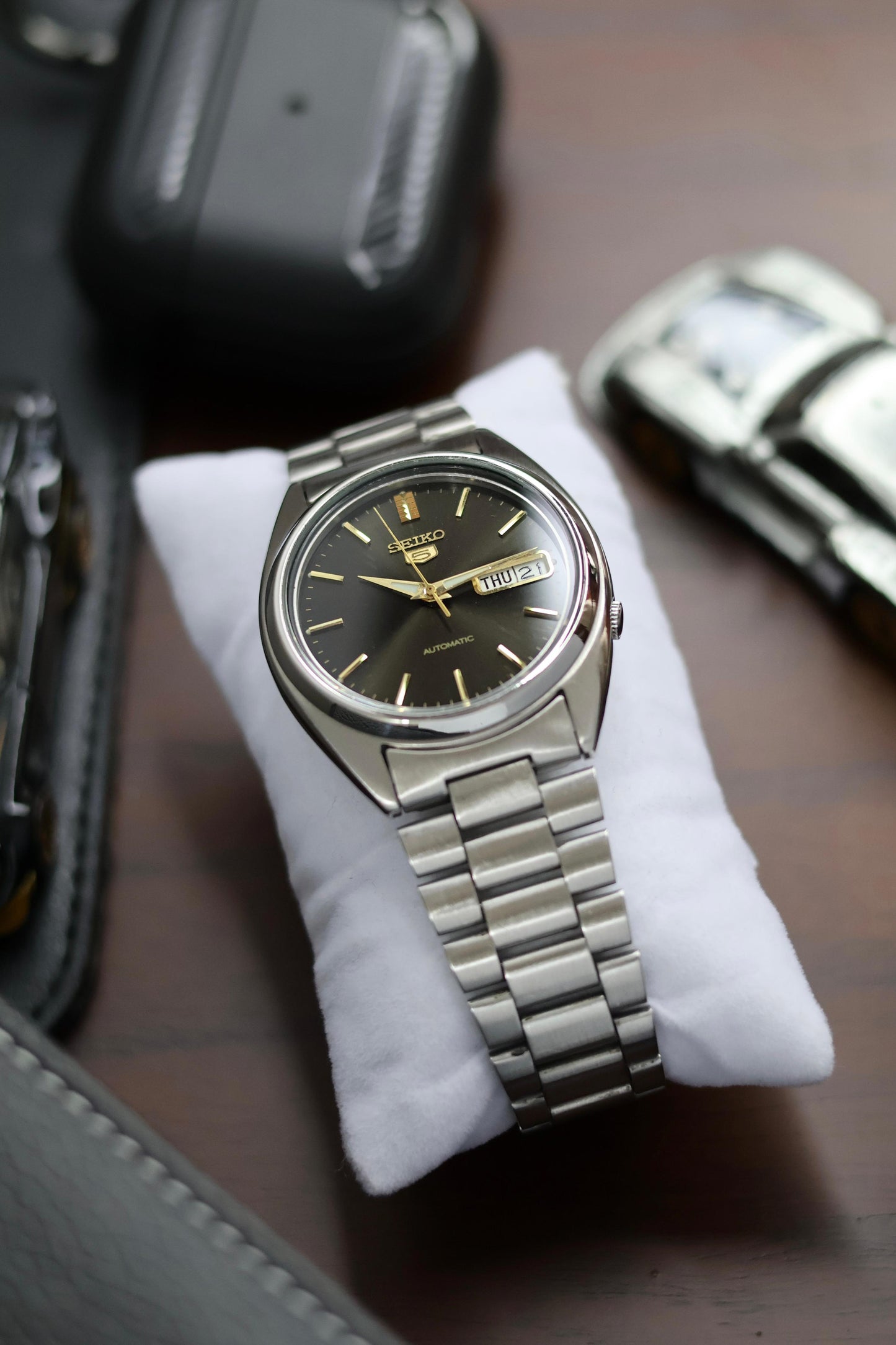 Seiko 5 Black Dial with Gold Accents & Glass Back (Pre Owned)