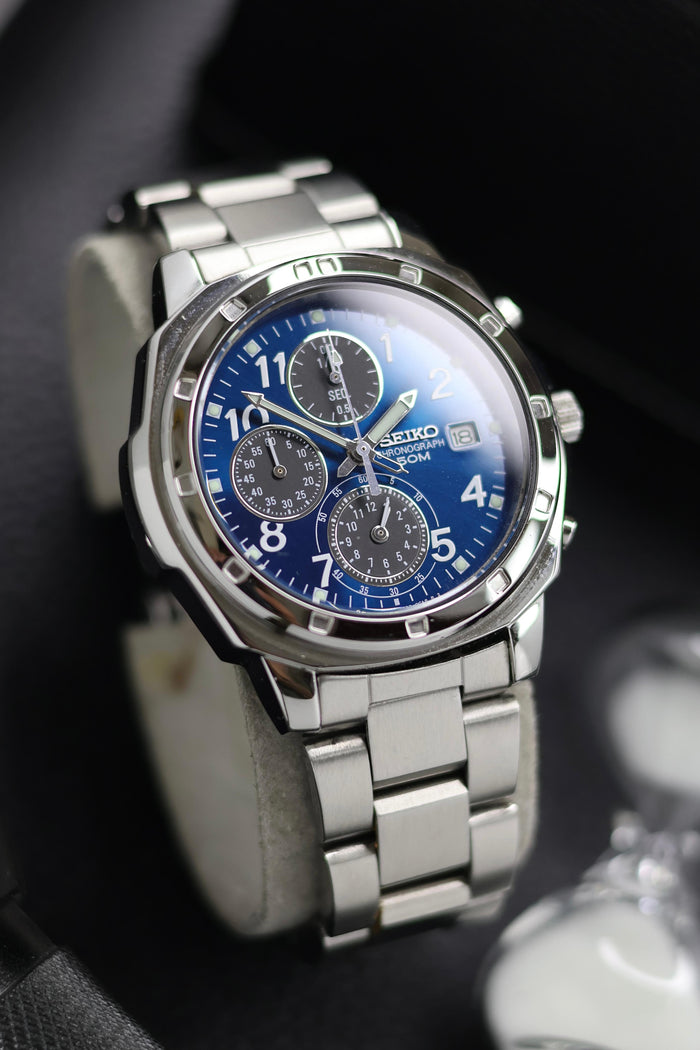 (JDM - Extremely Rare) Seiko Chronograph Blue Sunray Dial - Quartz Vintage Watch (Pre Owned) - SE566