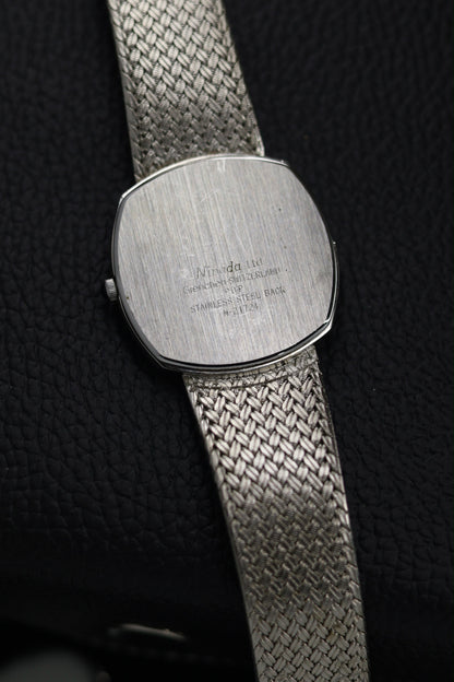 (Extremely Rare) Nivada Grenchen Blue Mosaic Opal TV Dial with PALLADIUM Plated Case & Integrated Woven Milanese Bracelet - Swiss Vintage Watch (Pre Owned) - SE801