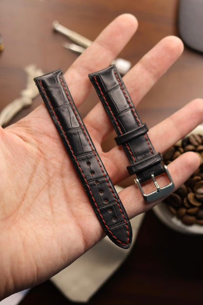 Red-Stitch Black Croc Leather Strap (18mm)