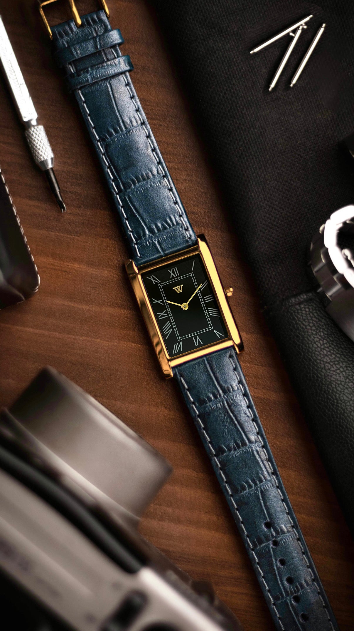 The S23 - BLACK Dial (Golden Case) - Slim Tank Style Watch - by Watchtopia