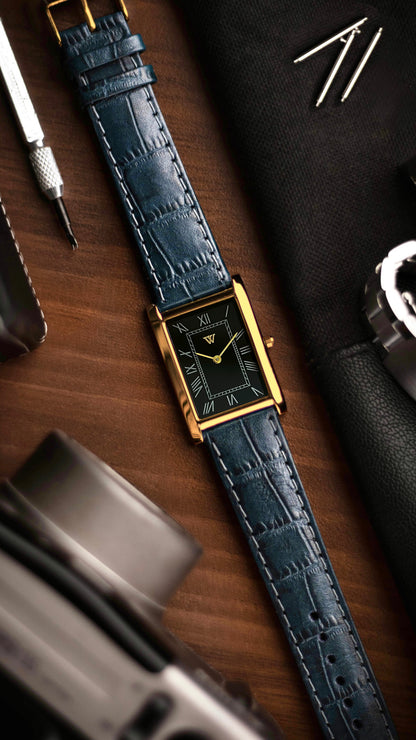 The S23 - BLACK Dial (Golden Case) - Slim Tank Style Watch - by Watchtopia