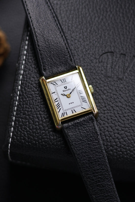 (Extremely Rare) Nivada Grenchen Mechanical Tank White Dial with Gold Plated Case - Hand-Wound Mechanical Swiss Vintage Watch (Pre Owned) - SE452