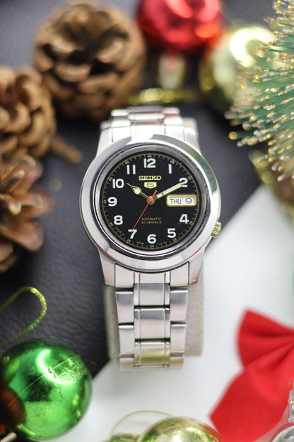 (Super Rare) Seiko 5 Black Field Dial with Glass Back - Automatic Vintage Watch (Pre Owned) - SE527