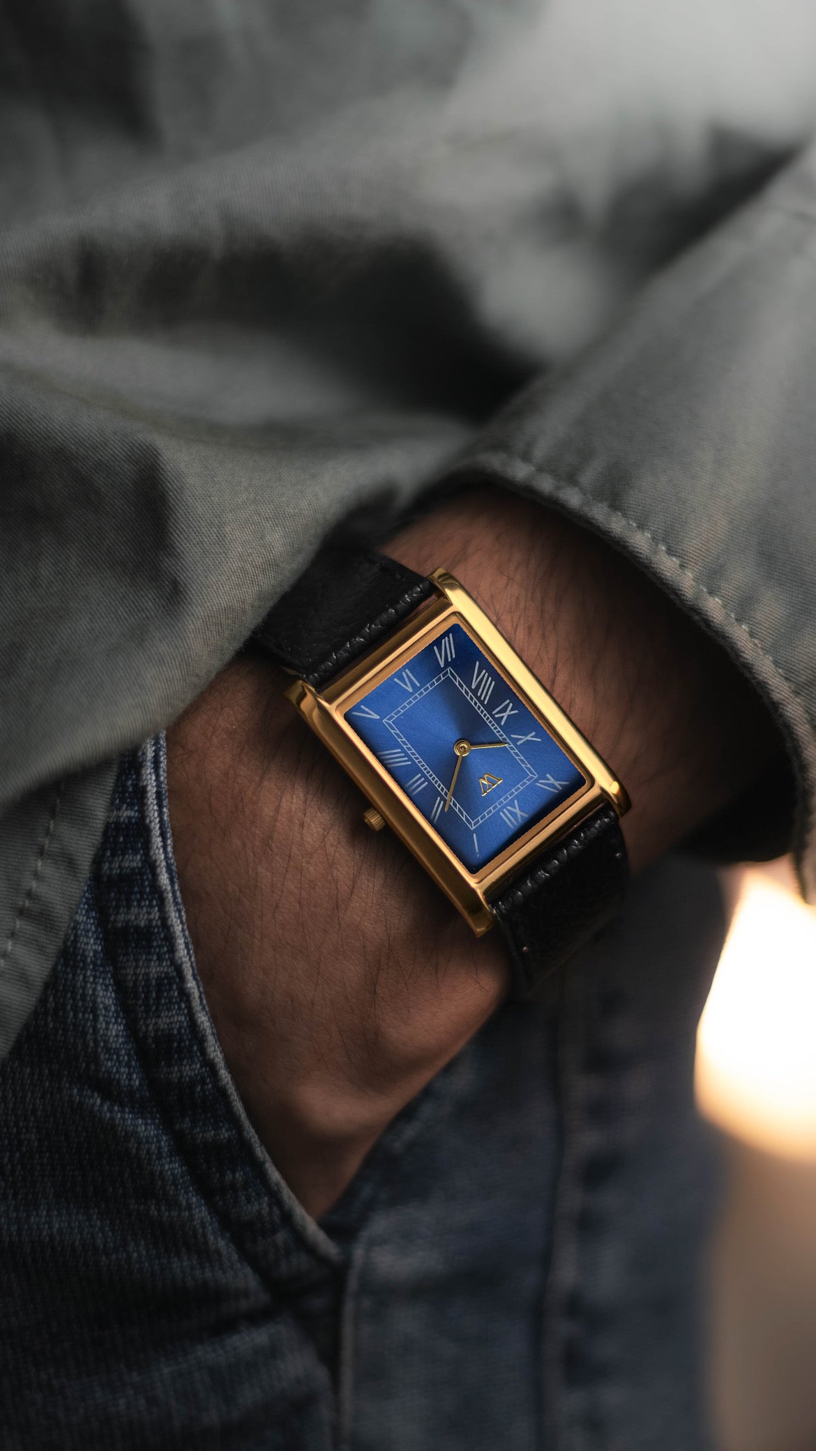 The S23 - BLUE Dial (Golden Case) - Slim Tank Style Watch - by Watchtopia