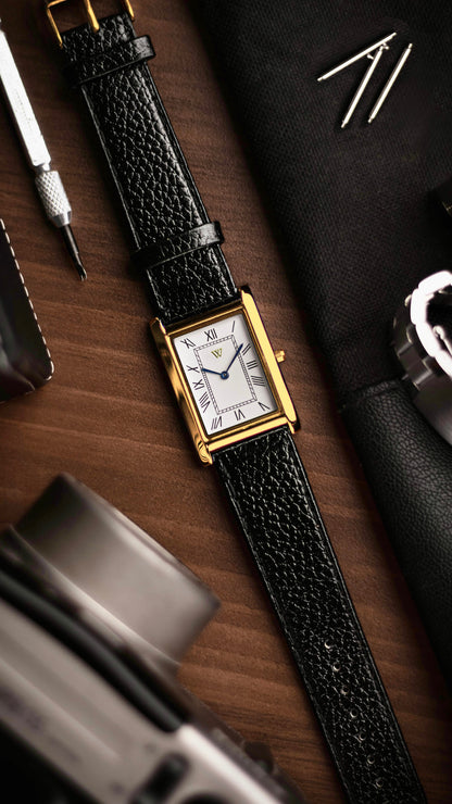 Watchtopia Fine Grain Black Leather Strap Blue Tie