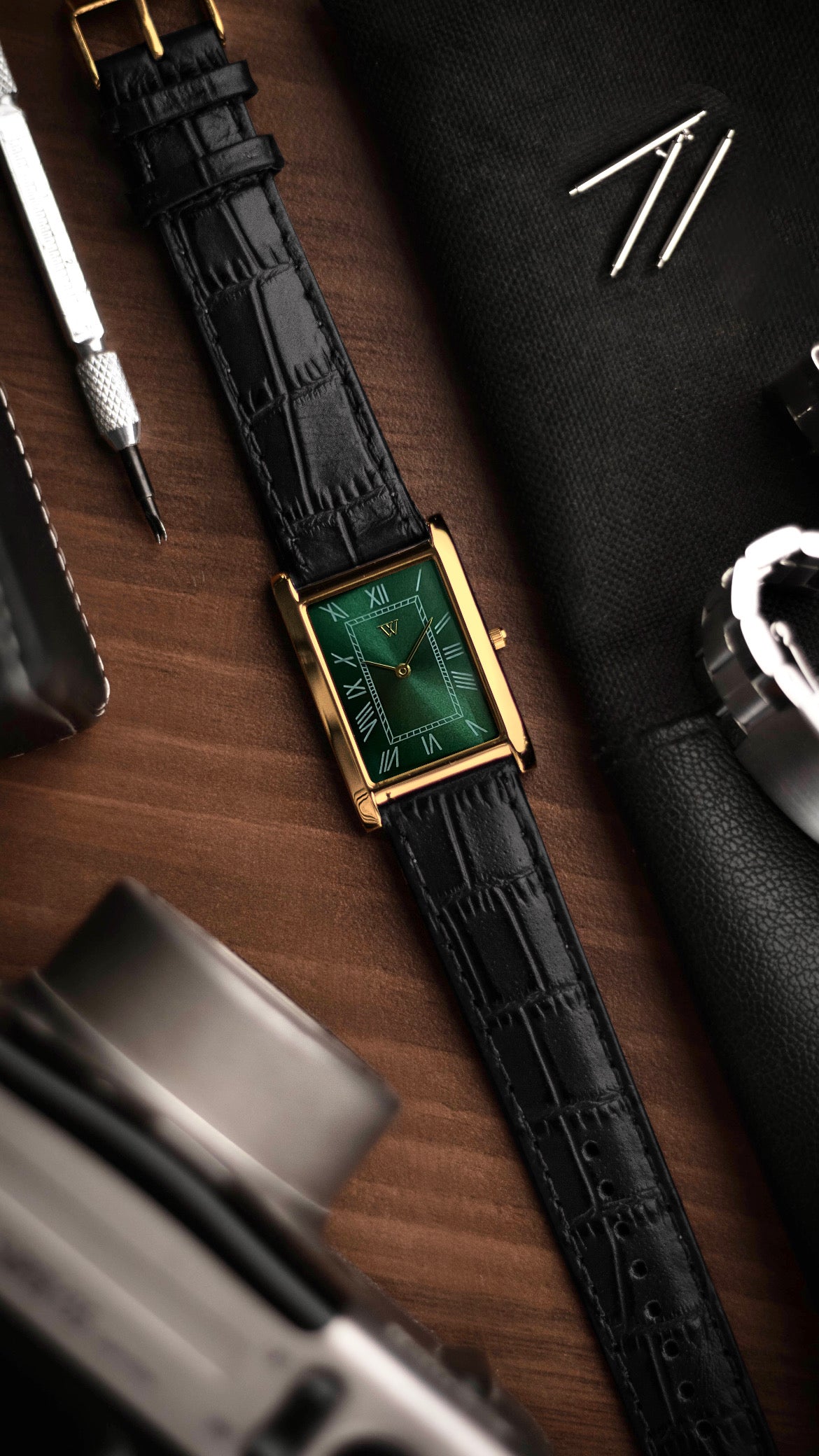 The S23 - GREEN Dial (Golden Case) - Slim Tank Style Watch - by Watchtopia