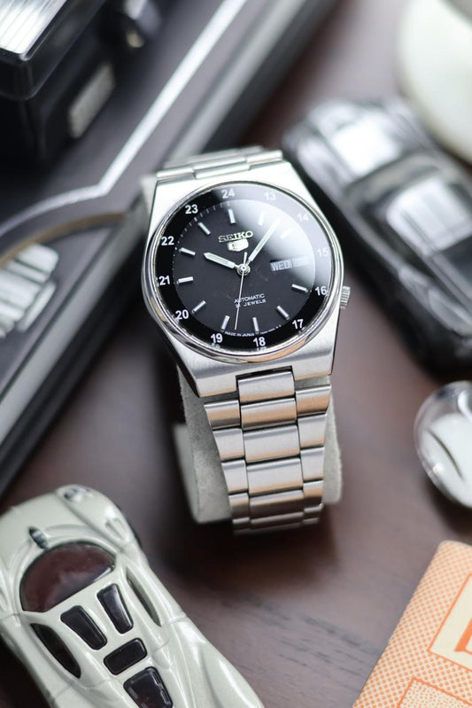 Seiko 5 SNXM19 Railway Time Black Dial with Glass Back - Automatic Vintage Watch (Pre Owned) - SE541