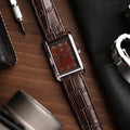 The S23 - WINE / MAROON GUILLOCHE DIAL - Slim Tank Style Watch - by Watchtopia