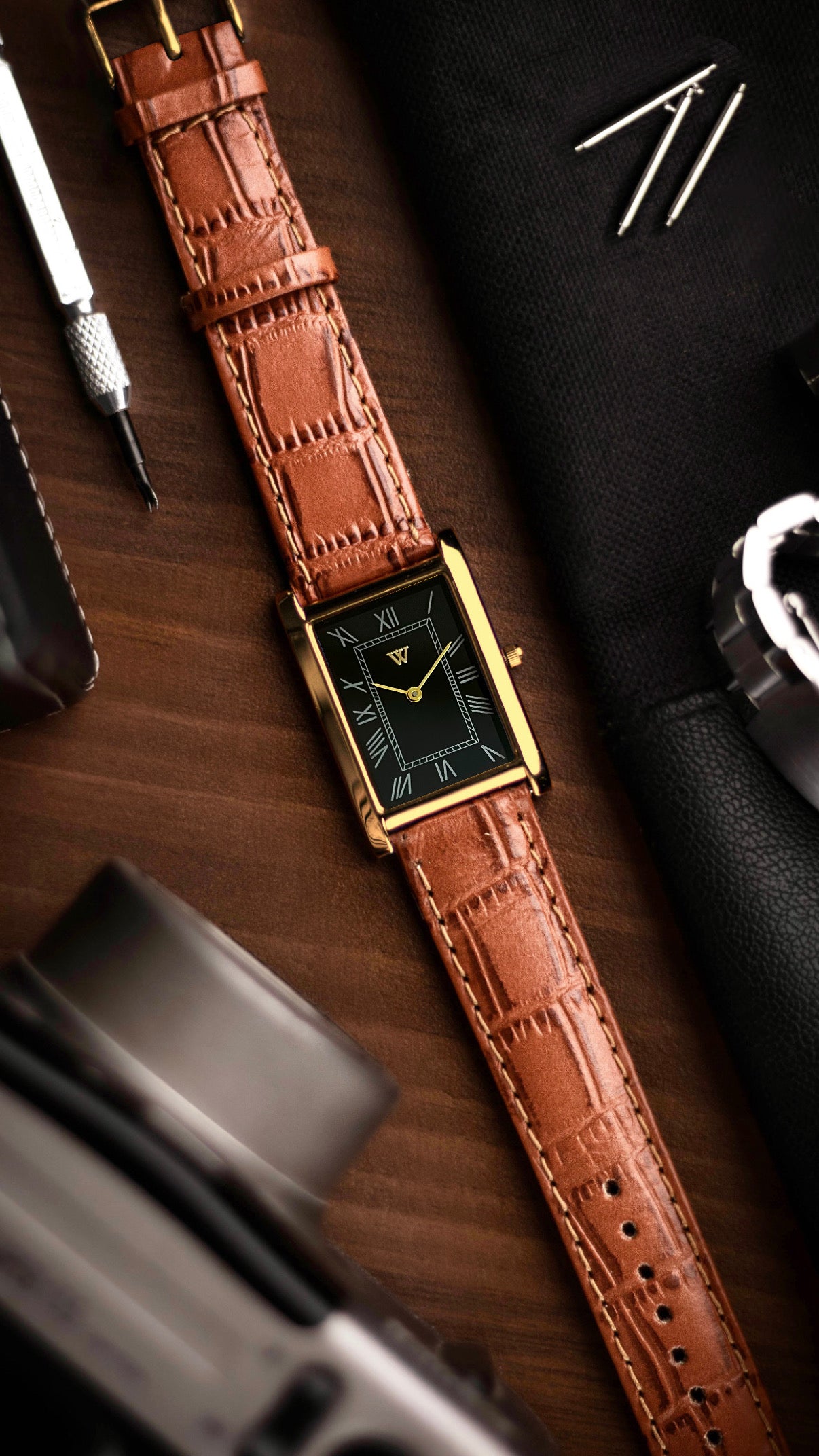 The S23 - BLACK Dial (Golden Case) - Slim Tank Style Watch - by Watchtopia