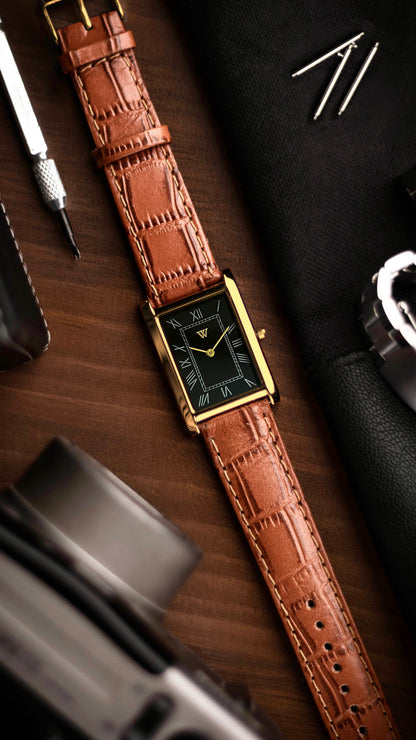 The S23 - BLACK Dial (Golden Case) - Slim Tank Style Watch - by Watchtopia