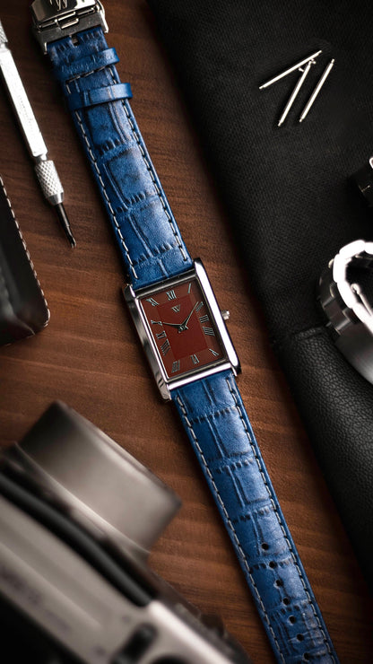 The S23 - WINE / MAROON GUILLOCHE DIAL - Slim Tank Style Watch - by Watchtopia