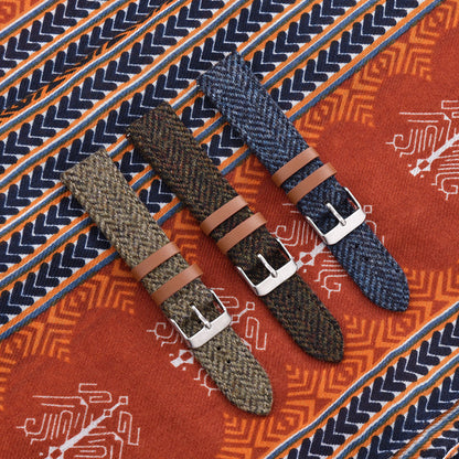 Harris Tweed British Herringbone Canvas Leather Watch Strap - with FREE Strap Tool!