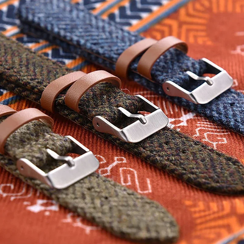 Harris Tweed British Herringbone Canvas Leather Watch Strap - with FREE Strap Tool!