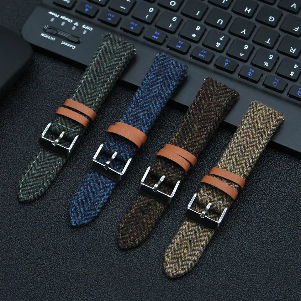 Harris Tweed British Herringbone Canvas Leather Watch Strap - with FREE Strap Tool!