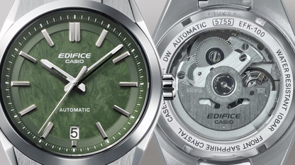 Casio Edifice watch with green face and silver case, showing both front and back views.