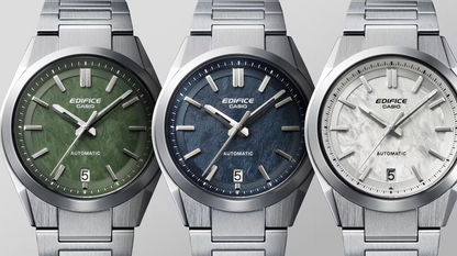 Three Casio Edifice watches with different face colors on a light gray background