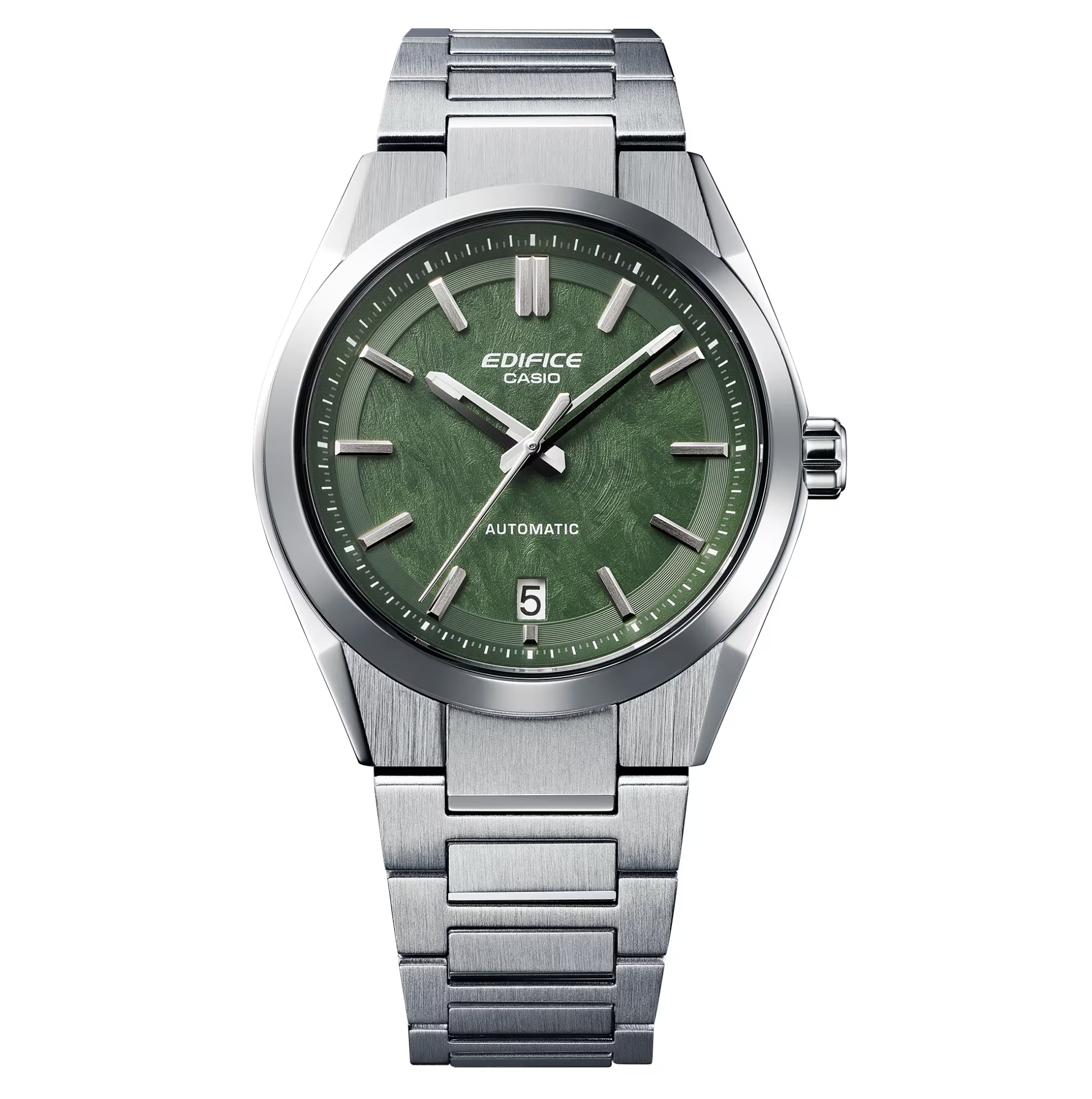 Casio Edifice watch with green dial and silver metal strap on a white background