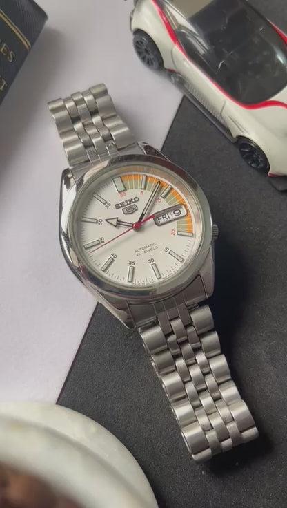 Seiko 5 - White Racing Dial with Glass Back (Pre Owned)