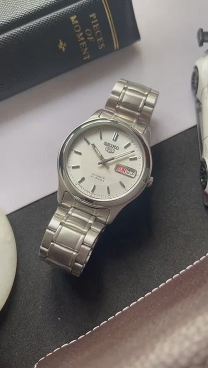 Seiko 5 - Textured White Dial with Glass Back (Pre Owned)